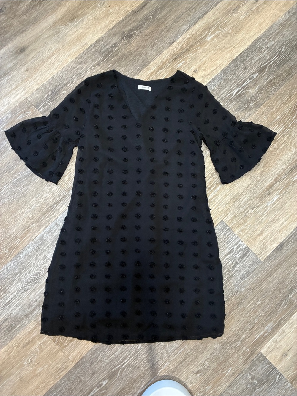 Black Textured V-Neck Mini Dress with Fluted Sleeves